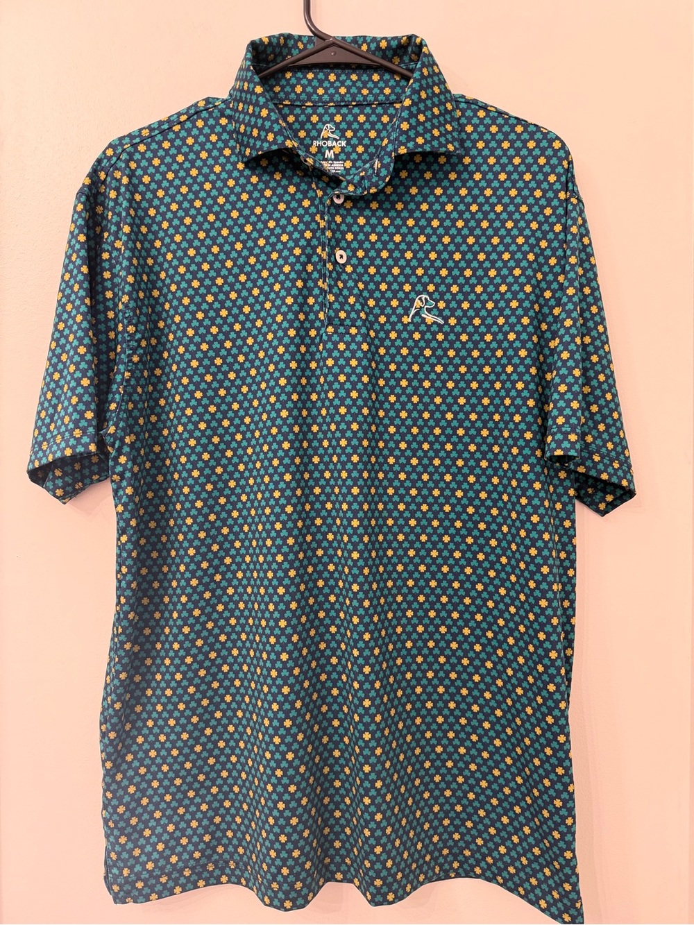 Rhoback Teal Blue  Golden Claver Performance Polo Shirt Size Medium